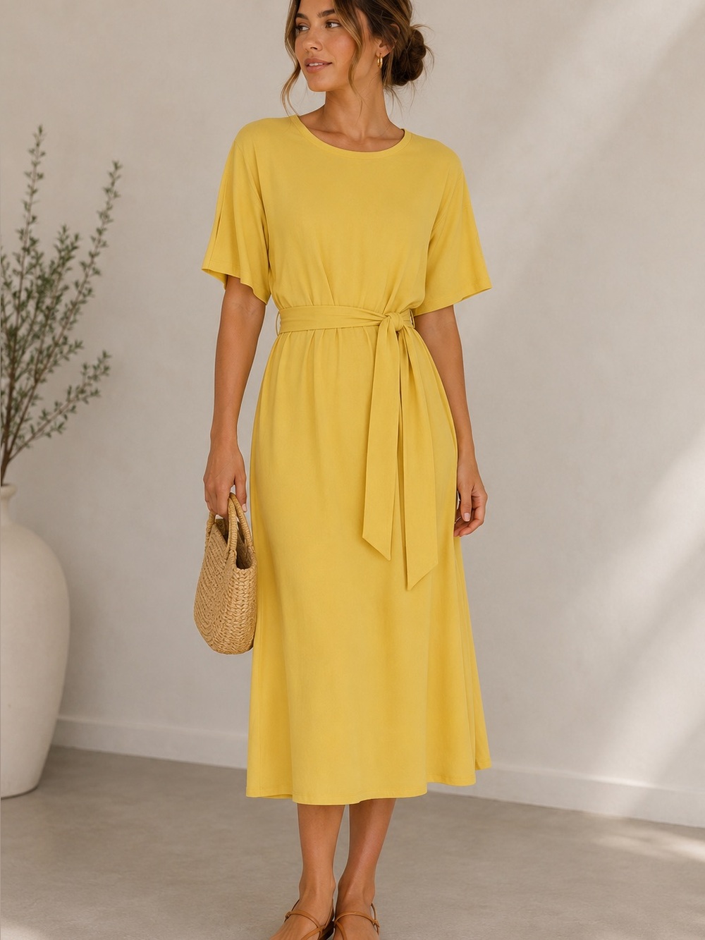 Zara Yellow Crew Neck Midi Sundress for Casual Wear